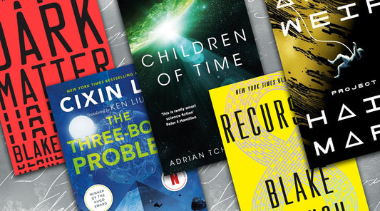 book covers of "dark matter", "three-body problem", "children of time", "recursion" and "project hail mary"