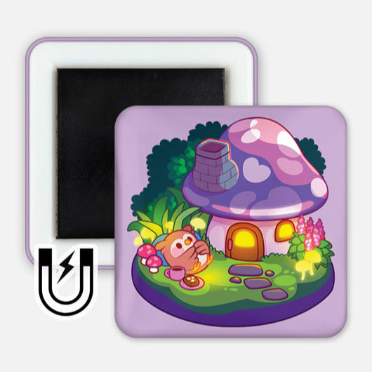 Square 2x2" magnet with a pastel purple border, featuring a whimsical illustration of an owl stargazing beside a glowing mushroom house with heart-shaped spots, surrounded by greenery and flowers.