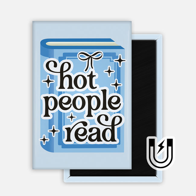 Blue book themed magnet with “hot people read” quote, sparkles, and bow detail.