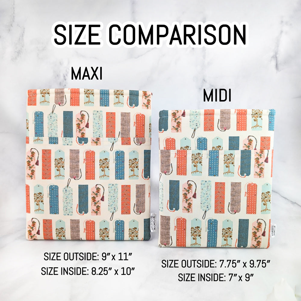 Two handmade book sleeves shown side by side comparing maxi and midi sizes, with measurements listed for each sleeve.