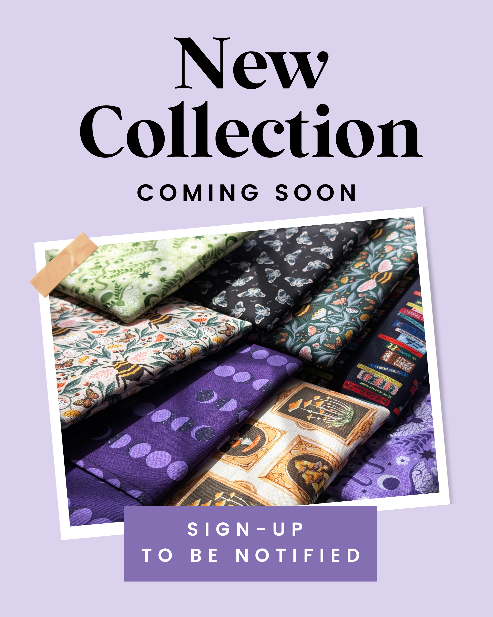 Promotional graphic for a new collection with fabric swatches on a purple background