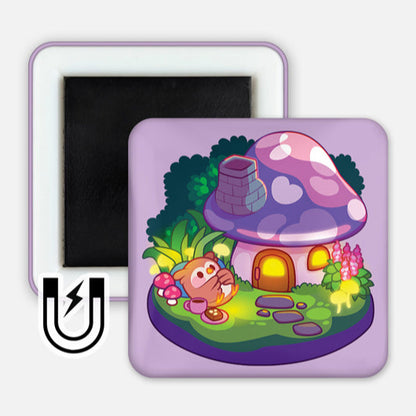 Square 2x2" magnet with a pastel purple border, featuring a whimsical illustration of an owl stargazing beside a glowing mushroom house with heart-shaped spots, surrounded by greenery and flowers.