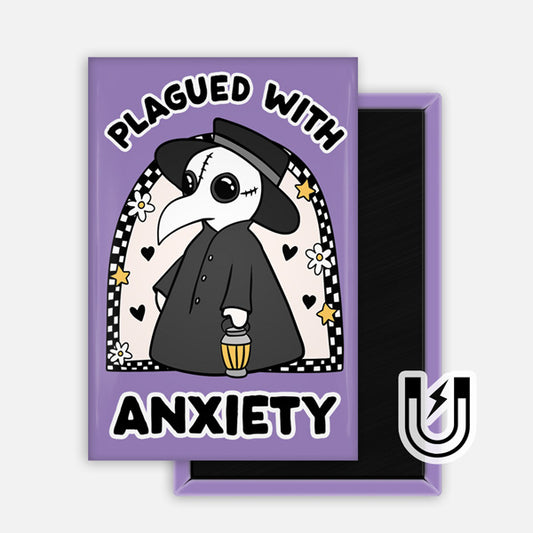 Purple rectangular magnet featuring a cute cartoon plague doctor holding a lantern with the text “Plagued with Anxiety.”