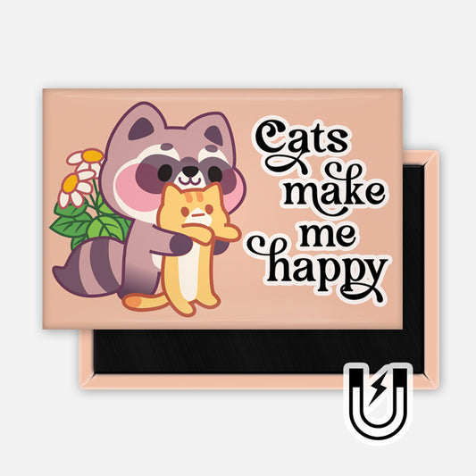 Peach rectangular magnet featuring a cute raccoon hugging an orange cat with the text “Cats make me happy.”